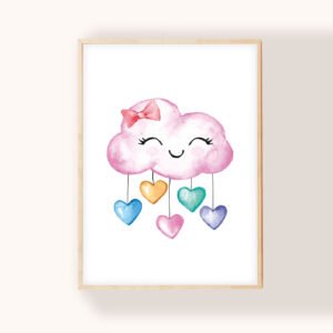 Tableau représentant un nuage souriant d'où tombent des cœurs multicolores. Aquarelle aux couleurs pastel pour une ambiance douce et romantique.